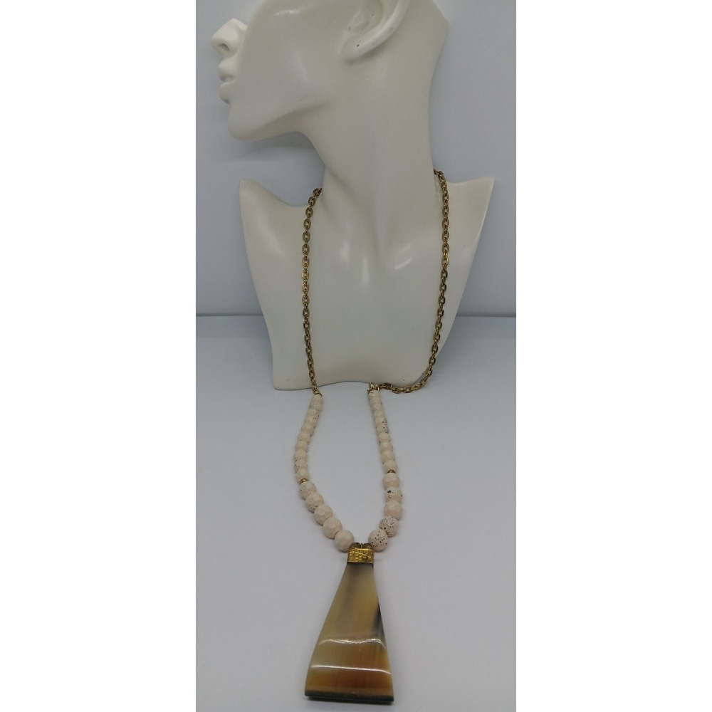 Womens Opera Style Necklace Stone Beads Anchor Chain Horn Pendant Gold Tone #1